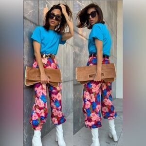Zara High Rise Baggy Belted Floral Pants Womens Size XL